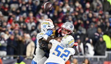 Jan 11, 2026; Foxborough, MA, USA; Los Angeles Chargers linebacker Odafe Oweh (98) and Los Angeles Chargers linebacker Khalil Mack (52) tackle New England Patriots quarterback Drake Maye (10) as he throws a pass during the second half in an AFC Wild Card Round game at Gillette Stadium. Mandatory Credit: Eric Canha-Imagn Images
