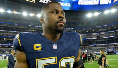 Oct 23, 2025; Inglewood, California, USA;  Los Angeles Chargers outside linebacker Khalil Mack (52) as he leaves the field following the game against the Minnesota Vikings at SoFi Stadium.