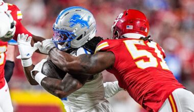 Detroit Lions running back Jahmyr Gibbs (0) runs against Kansas City Chiefs defensive end Mike Danna (51) during the first half at Arrowhead Stadium in Kansas City, Missouri on Sunday, Oct. 12, 2025.