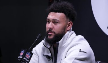 Feb 2, 2026; San Jose, CA, USA; New England Patriots linebacker Harold Landry III (2) speaks to the media during Opening Night for Super Bowl LX at San Jose Convention Center. Mandatory Credit: Kirby Lee-Imagn Images