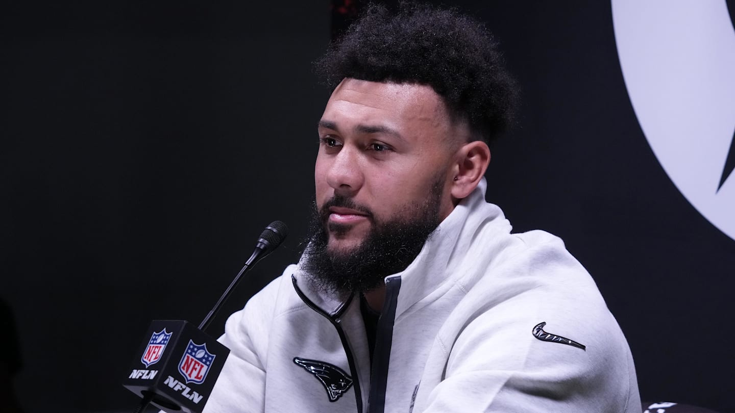 Feb 2, 2026; San Jose, CA, USA; New England Patriots linebacker Harold Landry III (2) speaks to the media during Opening Night for Super Bowl LX at San Jose Convention Center. Mandatory Credit: Kirby Lee-Imagn Images