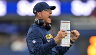 Nov 30, 2025; Inglewood, California, USA; Los Angeles Chargers head coach Jim Harbaugh reacts during the second half at SoFi Stadium. Mandatory Credit: Jayne Kamin-Oncea-Imagn Images