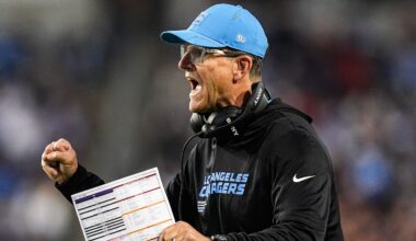 LA Chargers head coach Jim Harbaugh celebrates a touchdown against Detroit Lions during the first half of the Hall of Fame Game at Tom Benson Hall of Fame Stadium in Canton, Ohio on Thursday, July 31, 2025.