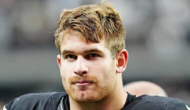 Oct 12, 2025; Paradise, Nevada, USA; Las Vegas Raiders tight end Michael Mayer (87) reacts after the game against the Tennessee Titans at Allegiant Stadium. Mandatory Credit: Stephen R. Sylvanie-Imagn Images
