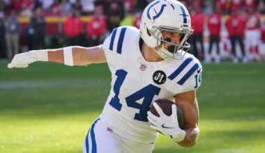Nov 23, 2025; Kansas City, Missouri, USA; Indianapolis Colts wide receiver Alec Pierce (14) makes a catch against the Kansas City Chiefs in the second half at GEHA Field at Arrowhead Stadium. Mandatory Credit: Denny Medley-Imagn Images