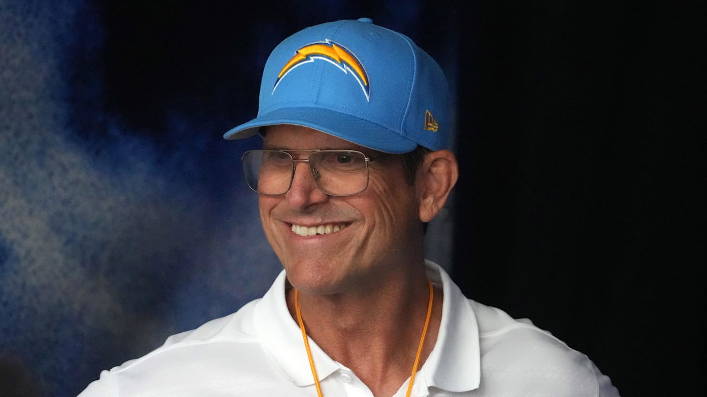 Aug 17, 2024; Inglewood, California, USA; Los Angeles Chargers coach Jim Harbaugh reacts against the Los Angeles Rams in the first half at SoFi Stadium. Mandatory Credit: Kirby Lee-Imagn Images