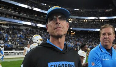 Jan 5, 2025; Paradise, Nevada, USA; Los Angeles Chargers coach Jim Harbaugh reacts after the game against the Las Vegas Raiders at Allegiant Stadium. Mandatory Credit: Kirby Lee-Imagn Images