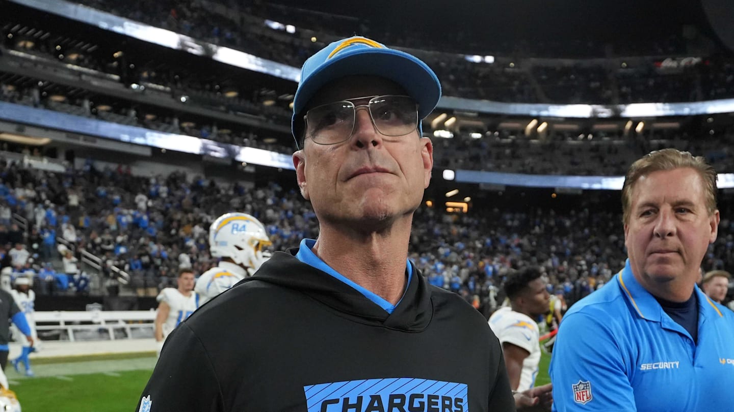 Jan 5, 2025; Paradise, Nevada, USA; Los Angeles Chargers coach Jim Harbaugh reacts after the game against the Las Vegas Raiders at Allegiant Stadium. Mandatory Credit: Kirby Lee-Imagn Images