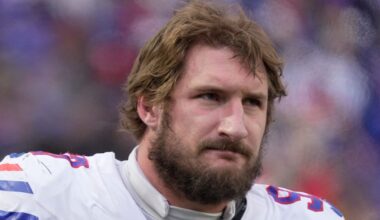 Buffalo Bills defensive end Joey Bosa watches the offensive line on the field during second half action against the Tampa Bay Buccaneers on Nov 16, 2025 at Highmark Stadium in Orchard Park.