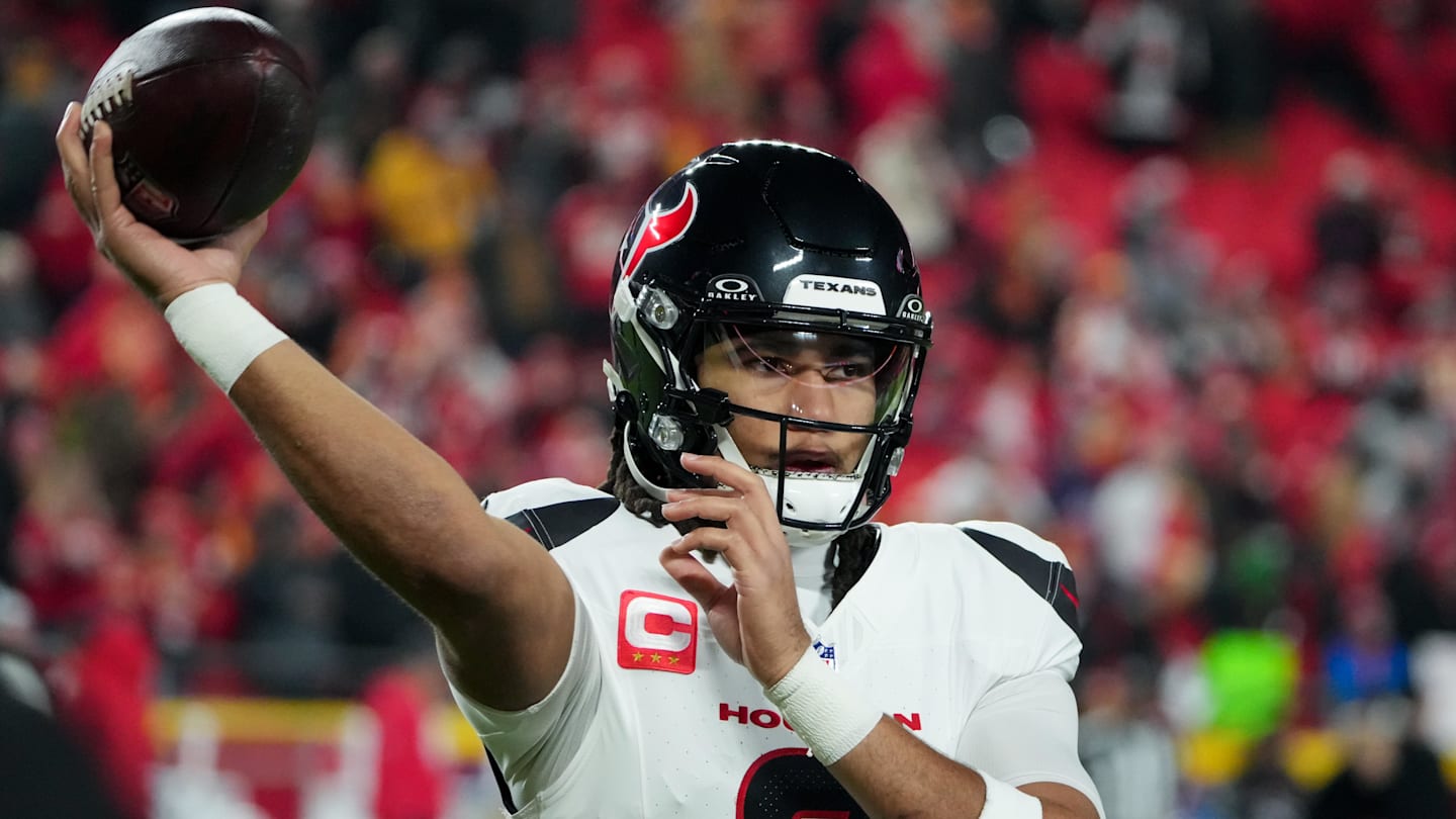 Dec 7, 2025; Kansas City, Missouri, USA; Houston Texans quarterback C.J. Stroud (7) warms up prior to the game against the Kansas City Chiefs at GEHA Field at Arrowhead Stadium. Mandatory Credit: Denny Medley-Imagn Images