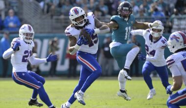Jan 11, 2026; Jacksonville, FL, USA; Buffalo Bills linebacker Shaq Thompson (45) intercepts the ball during the first half against the Jacksonville Jaguars in an AFC Wild Card Round game at EverBank Stadium. Mandatory Credit: Melina Myers-Imagn Images