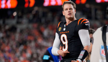Cincinnati Bengals quarterback Joe Burrow (9) celebrates after the game-winning touchdown pass to Tee Higgins in overtime of the NFL Week 17 game between the Cincinnati Bengals and the Denver Broncos at Paycor Stadium in downtown Cincinnati on Saturday, Dec. 28, 2024. The Bengals took a 30-24 win in overtime to remain in the post season chase.