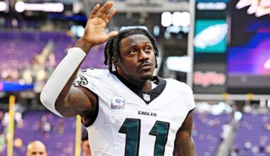 Oct 19, 2025; Minneapolis, Minnesota, USA; Philadelphia Eagles wide receiver A.J. Brown (11) celebrates after the win against the Minnesota Vikings at U.S. Bank Stadium. Mandatory Credit: Jeffrey Becker-Imagn Images