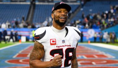 Jan 5, 2025; Nashville, Tennessee, USA;  Houston Texans running back Joe Mixon (28) smiles as he leaves the field against the Tennessee Titans during the second half at Nissan Stadium. Mandatory Credit: Steve Roberts-Imagn Images