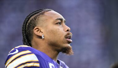 Jan 4, 2026; Minneapolis, Minnesota, USA; Minnesota Vikings wide receiver Justin Jefferson (18) warms up prior to the game against the Green Bay Packers at U.S. Bank Stadium. Mandatory Credit: Jeffrey Becker-Imagn Images