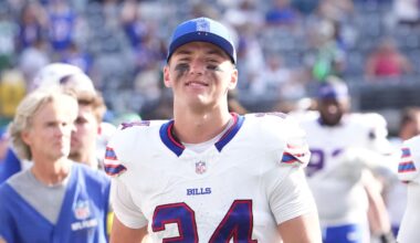 Sep 14, 2025; East Rutherford, New Jersey, USA;  Buffalo Bills safety Cole Bishop (24) after the game against the New York Jets at MetLife Stadium. Mandatory Credit: Robert Deutsch-Imagn Images