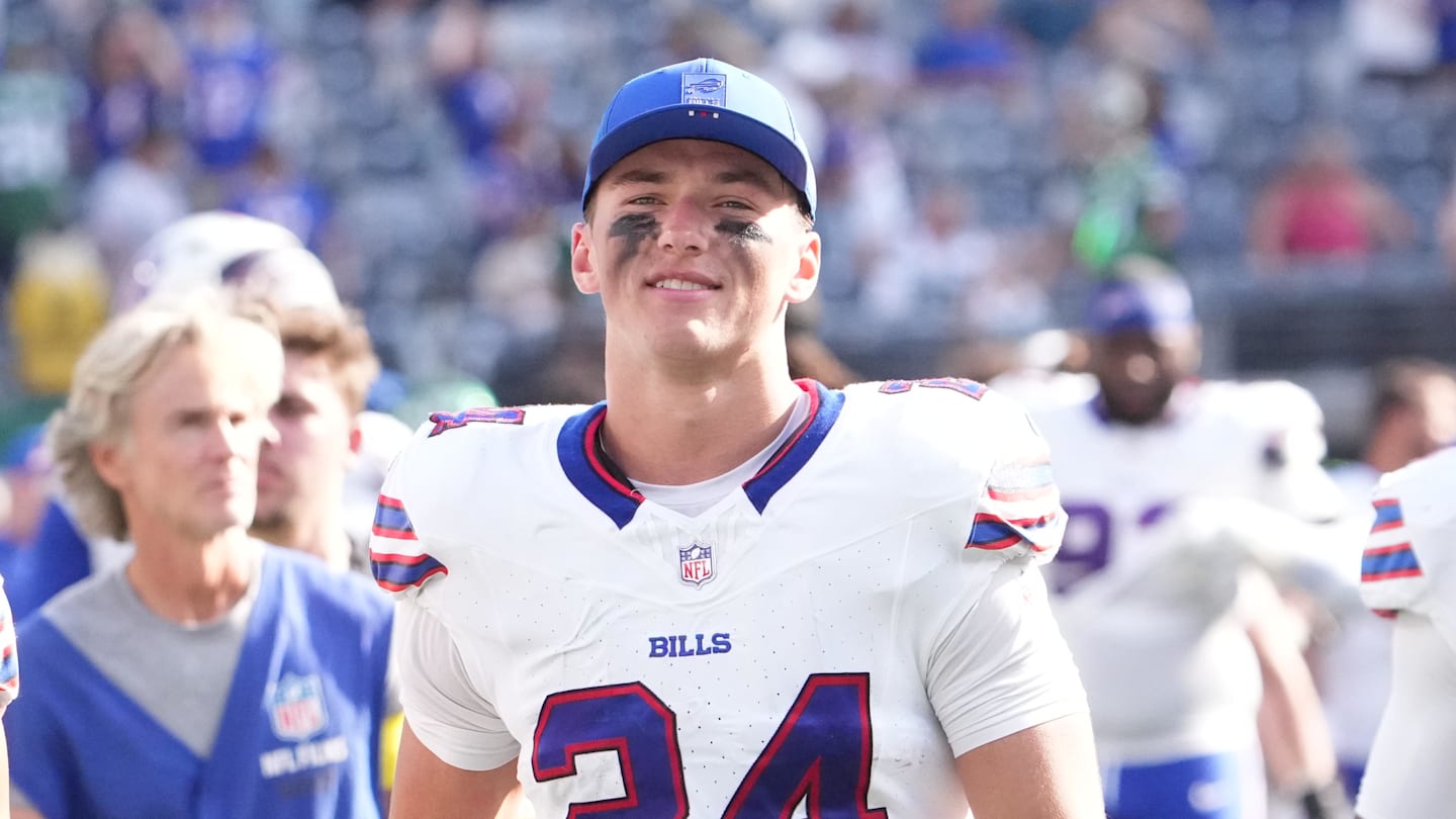 Sep 14, 2025; East Rutherford, New Jersey, USA;  Buffalo Bills safety Cole Bishop (24) after the game against the New York Jets at MetLife Stadium. Mandatory Credit: Robert Deutsch-Imagn Images