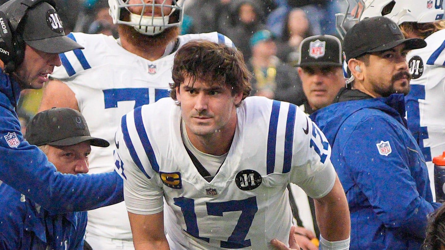 Indianapolis Colts quarterback Daniel Jones gets up off the turf