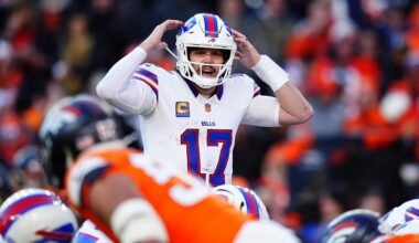Jan 17, 2026; Denver, CO, USA; Buffalo Bills quarterback Josh Allen (17) calls an audible during the second quarter of an AFC Divisional Round playoff game against the Denver Broncos at Empower Field at Mile High. Mandatory Credit: Ron Chenoy-Imagn Images