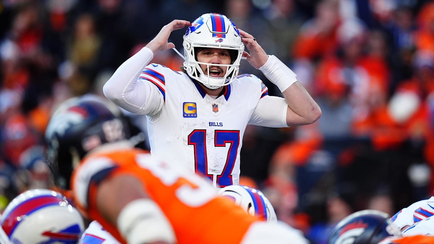 Jan 17, 2026; Denver, CO, USA; Buffalo Bills quarterback Josh Allen (17) calls an audible during the second quarter of an AFC Divisional Round playoff game against the Denver Broncos at Empower Field at Mile High. Mandatory Credit: Ron Chenoy-Imagn Images