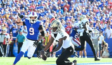 Sep 28, 2025; Orchard Park, New York, USA;  New Orleans Saints wide receiver Brandin Cooks (10) drops a pass in the end zone under pressure from Buffalo Bills safety Taylor Rapp (9) during the fourth quarter at Highmark Stadium. Mandatory Credit: Mark Konezny-Imagn Images