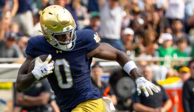 Sep 20, 2025; South Bend, Indiana, USA; Notre Dame Fighting Irish wide receiver Malachi Fields (0) runs after making a catch at Notre Dame Stadium. Mandatory Credit: Michael Caterina-Imagn Images