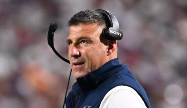 Oct 5, 2025; Orchard Park, New York, USA; New England Patriots head coach Mike Vrabel during the first half at Highmark Stadium. Mandatory Credit: Mark Konezny-Imagn Images