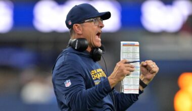 Nov 30, 2025; Inglewood, California, USA; Los Angeles Chargers head coach Jim Harbaugh reacts during the second half at SoFi Stadium. Mandatory Credit: Jayne Kamin-Oncea-Imagn Images