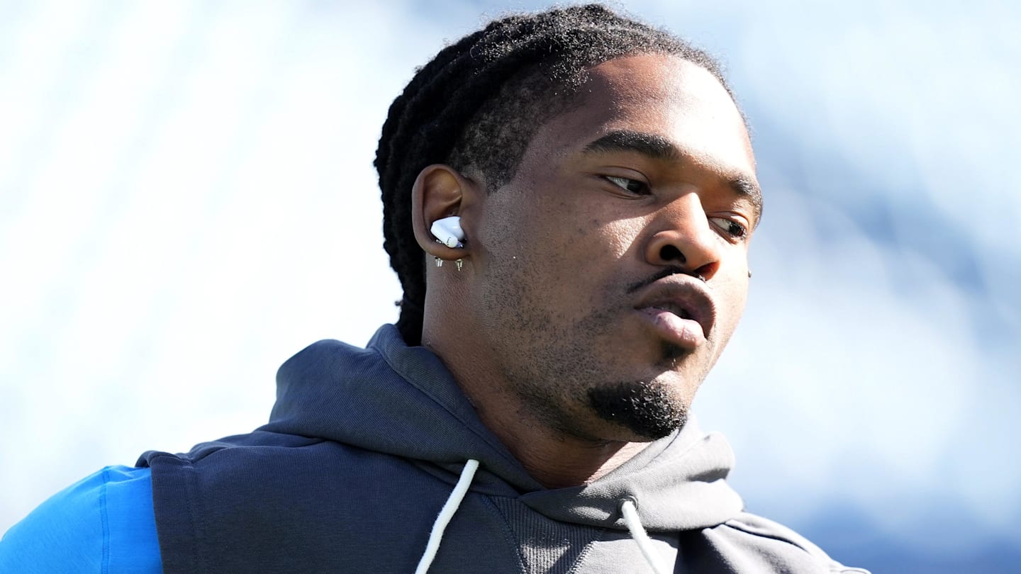 Oct 26, 2025; Charlotte, North Carolina, USA; Carolina Panthers running back Rico Dowdle (5) warms up before a game against the Buffalo Bills at Bank of America Stadium. Mandatory Credit: Jim Dedmon-Imagn Images