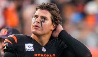 Cincinnati Bengals defensive end Trey Hendrickson watches a replay