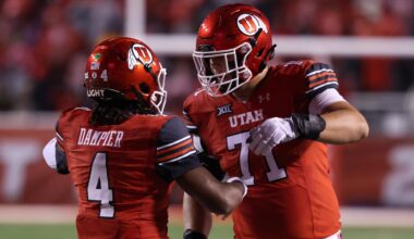 Oct 11, 2025; Salt Lake City, Utah, USA; Utah Utes quarterback Devon Dampier (4) celebrates scoring a touchdown against the Arizona State Sun Devils with Utah Utes offensive lineman Caleb Lomu (71) during the second quarter at Rice-Eccles Stadium. Mandatory Credit: Rob Gray-Imagn Images