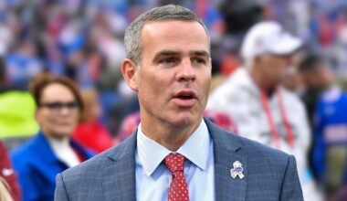 Nov 17, 2024; Orchard Park, New York, USA; Buffalo Bills general manager Brandon Beane on the field before a game against the Kansas City Chiefs at Highmark Stadium. Mandatory Credit: Mark Konezny-Imagn Images
