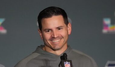 Seattle Seahawks head coach Mike Macdonald talks to the media