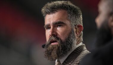 Dec 29, 2025; Atlanta, Georgia, USA; ESPN MNF broadcaster Jason Kelce shown on set prior to the game between the Los Angeles Rams against the Atlanta Falcons at Mercedes-Benz Stadium. Mandatory Credit: Dale Zanine-Imagn Images