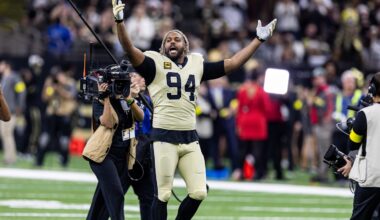 Dec 21, 2025; New Orleans, Louisiana, USA;  New Orleans Saints defensive end Cameron Jordan (94) during the run outs before the game against the New York Jets at Caesars Superdome. Mandatory Credit: Stephen Lew-Imagn Images