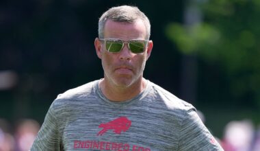 Brandon Beane, general manager of then Buffalo Bills, heads off the field at the end of practice at the Buffalo Bills training camp at St. John Fisher University in Pittsford on July 24, 2025.