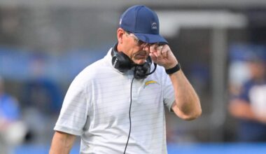 Oct 19, 2025; Inglewood, California, USA; Los Angeles Chargers head coach Jim Harbaugh reacts in the second half against the Indianapolis Colts at SoFi Stadium. Mandatory Credit: Jayne Kamin-Oncea-Imagn Images