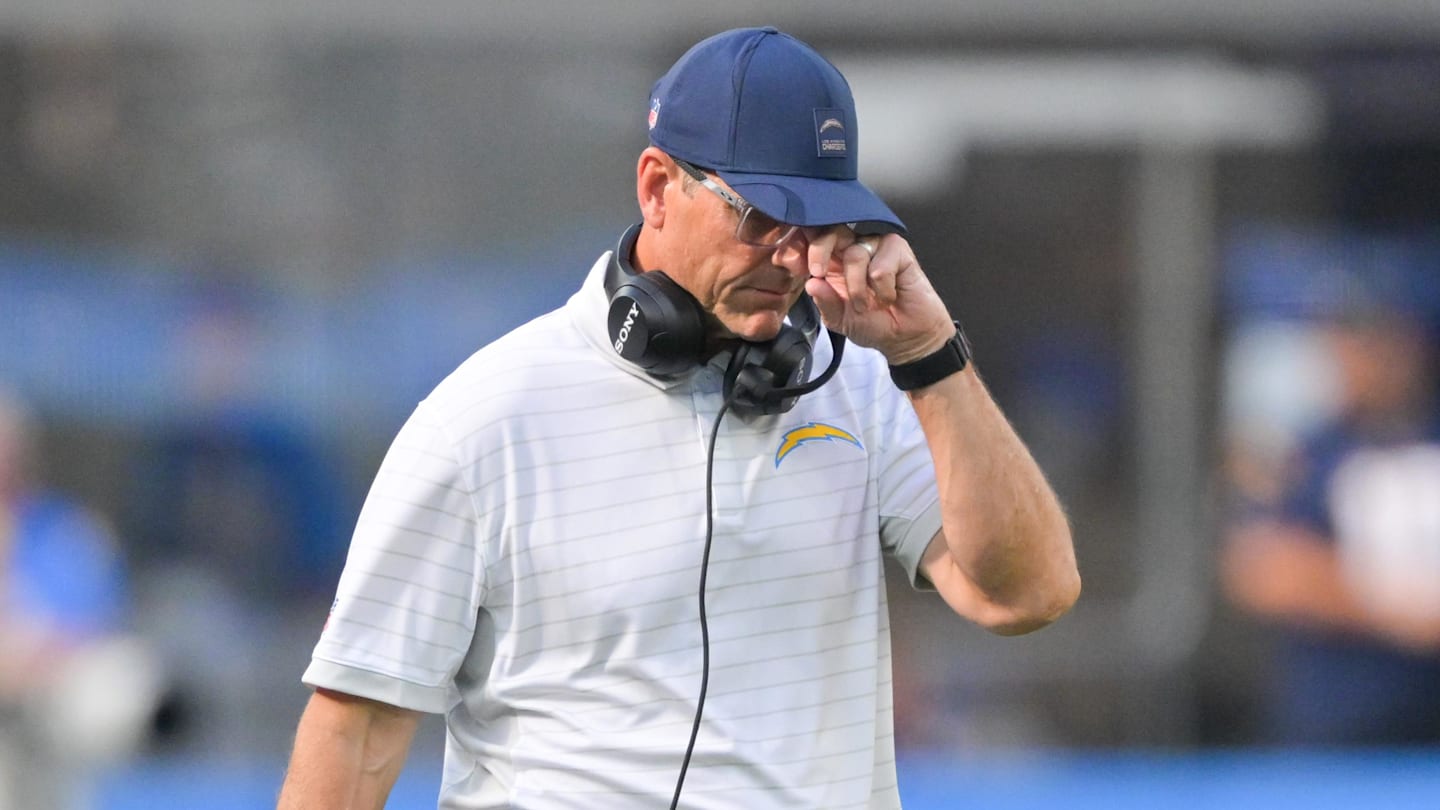 Oct 19, 2025; Inglewood, California, USA; Los Angeles Chargers head coach Jim Harbaugh reacts in the second half against the Indianapolis Colts at SoFi Stadium. Mandatory Credit: Jayne Kamin-Oncea-Imagn Images