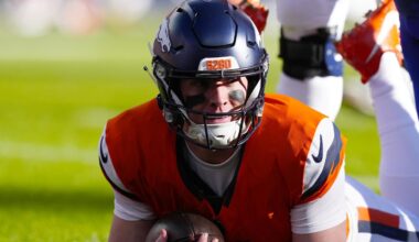 Jan 17, 2026; Denver, CO, USA; Denver Broncos quarterback Bo Nix (10) reacts after a play during the first quarter of an AFC Divisional Round playoff game against the Buffalo Bills at Empower Field at Mile High. Mandatory Credit: Ron Chenoy-Imagn Images