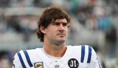 Indianapolis Colts quarterback Daniel Jones stands on the field