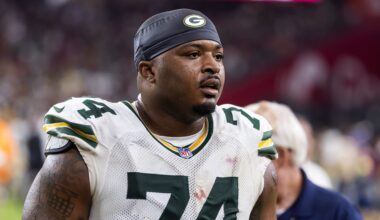 Oct 19, 2025; Glendale, Arizona, USA; Green Bay Packers center Elgton Jenkins (74) against the Arizona Cardinals at State Farm Stadium. Mandatory Credit: Mark J. Rebilas-Imagn Images