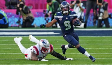 Feb 8, 2026; Santa Clara, CA, USA; Seattle Seahawks running back Kenneth Walker III (9) runs the ball during the second quarter against the New England Patriots in Super Bowl LX at Levi's Stadium. Mandatory Credit: Darren Yamashita-Imagn Images