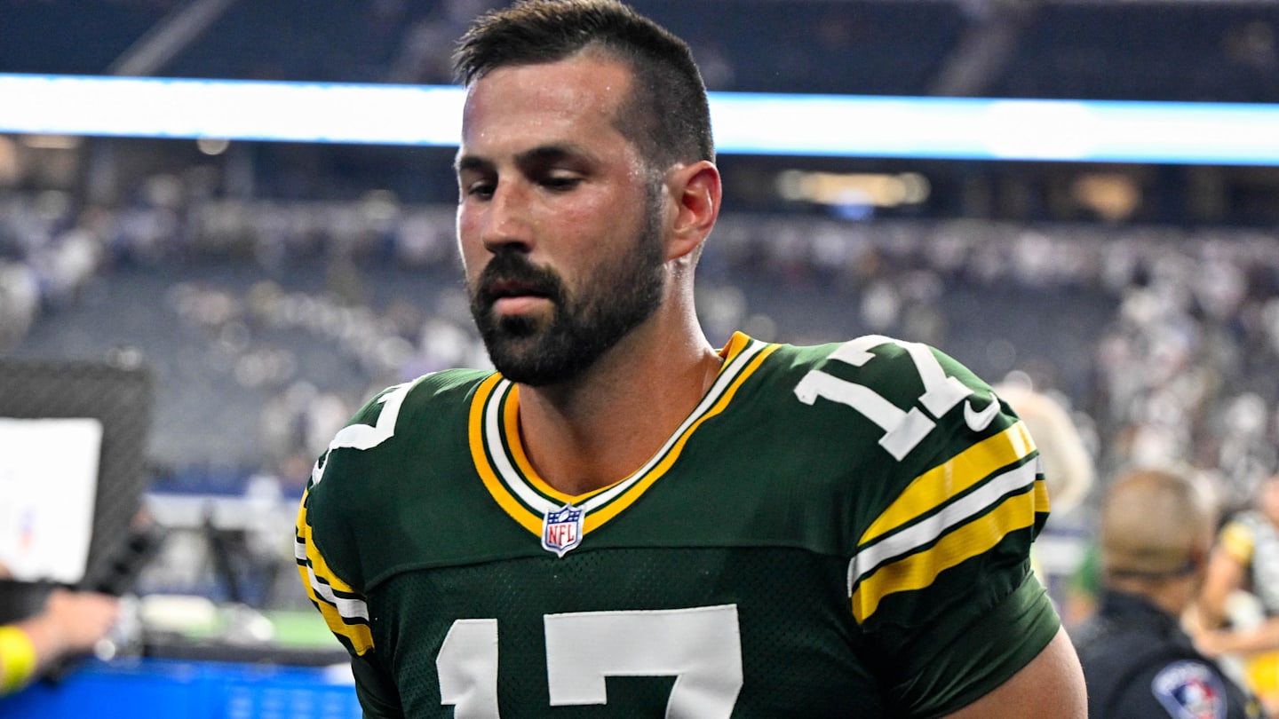 Sep 28, 2025; Arlington, Texas, USA; Green Bay Packers place kicker Brandon McManus (17) walks off the field after he kicks the game-tying field goal in overtime during the game between the Dallas Cowboys and the Green Bay Packers at AT&T Stadium.