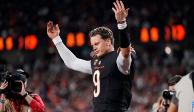 Cincinnati Bengals quarterback Joe Burrow (9) celebrates after the game-winning touchdown pass to Tee Higgins in overtime of the NFL Week 17 game between the Cincinnati Bengals and the Denver Broncos at Paycor Stadium in downtown Cincinnati on Saturday, Dec. 28, 2024. The Bengals took a 30-24 win in overtime to remain in the post season chase.