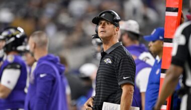Aug 16, 2025; Arlington, Texas, USA; Baltimore Ravens head coach John Harbaugh looks on during the second half against the Dallas Cowboys at AT&T Stadium. Mandatory Credit: Jerome Miron-Imagn Images