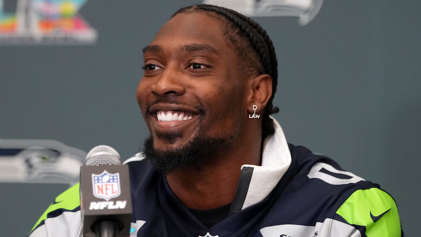 Feb 5, 2026; San Jose, CA, USA; Seattle Seahawks defensive end DeMarcus Lawrence (0) talks to media members at the San Jose Marriott. Mandatory Credit: Darren Yamashita-Imagn Images
