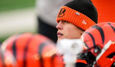 Cincinnati Bengals quarterback Joe Burrow (9) looks on from the sideline in the fourth quarter of the NFL Week 18 game between the Cincinnati Bengals and the Cleveland Browns at Paycor Stadium in Downtown Cincinnati on Sunday, Jan. 4, 2026. The Browns kicked a last second field goal to win 20-18.