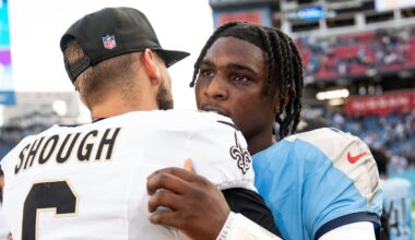 Tennessee Titans quarterback Cam Ward (1) hugs New Orleans Saints quarterback Tyler Shough (6) after the Saints won 34-26 at Nissan Stadium in Nashville, Tenn., Sunday, Dec. 28, 2025.