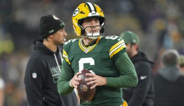 Green Bay Packers quarterback Clayton Tune (6) during warmups prior to the game against the Baltimore Ravens at Lambeau Field.