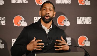 Feb 3, 2026; Berea, OH, USA; Executive vice president, football operations and general manager  Andrew Berry speaks to the media during a press conference to introduce new head coach Todd Monken at CrossCountry Mortgage Campus. Mandatory Credit: Ken Blaze-Imagn Images